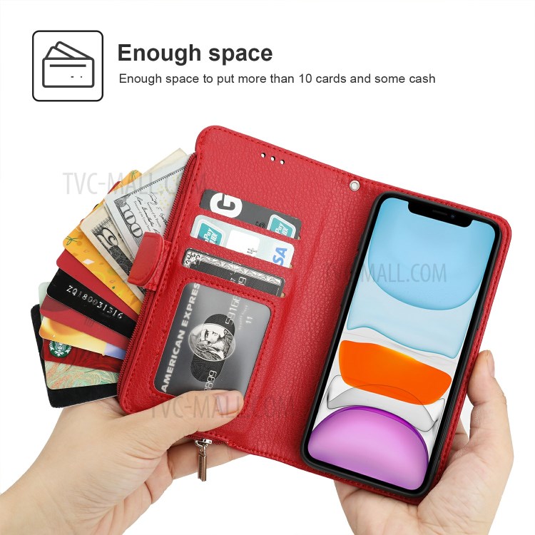 Microfiber Leather Zipper Pocket Wallet Case for Apple iPhone 11 6.1 inch - Red-2