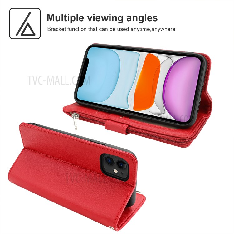 Microfiber Leather Zipper Pocket Wallet Case for Apple iPhone 11 6.1 inch - Red-3