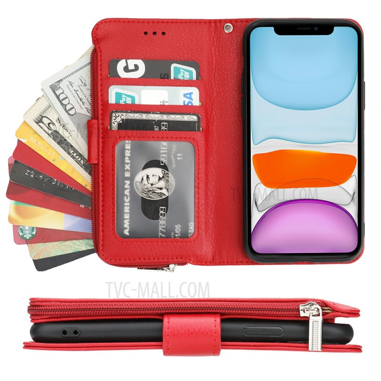 Microfiber Leather Zipper Pocket Wallet Case for Apple iPhone 11 6.1 inch - Red-6