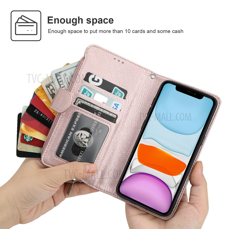 Microfiber Leather Zipper Pocket Wallet Case for Apple iPhone 11 6.1 inch - Rose Gold-2
