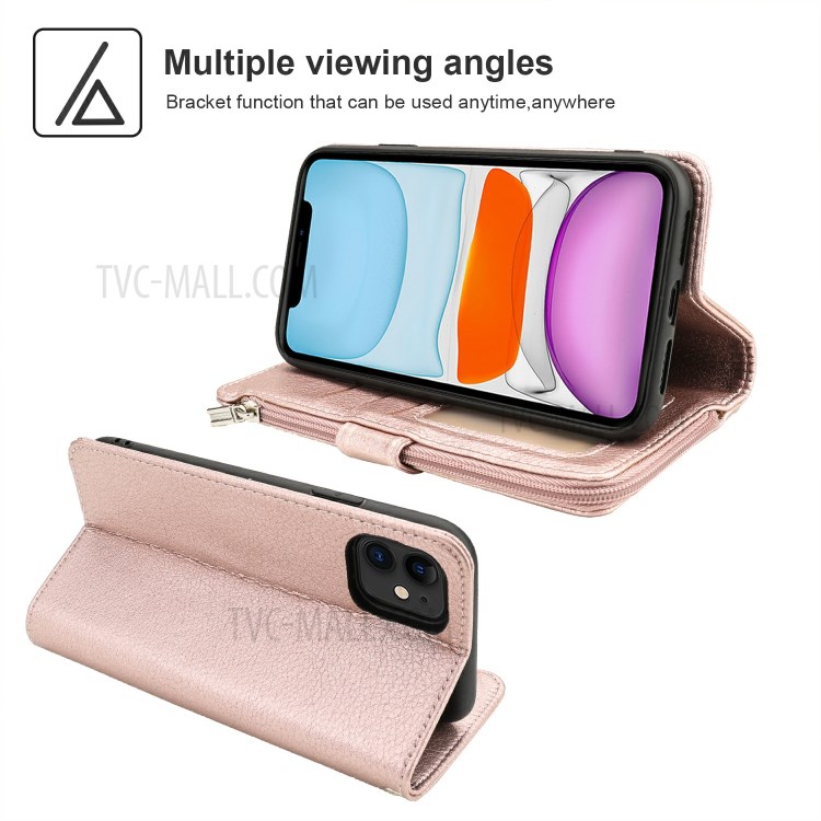 Microfiber Leather Zipper Pocket Wallet Case for Apple iPhone 11 6.1 inch - Rose Gold-3