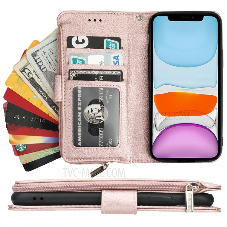 Microfiber Leather Zipper Pocket Wallet Case for Apple iPhone 11 6.1 inch - Rose Gold-6