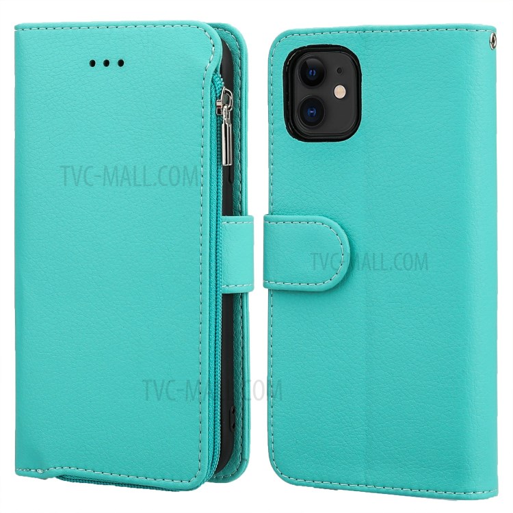 Microfiber Leather Zipper Pocket Wallet Case for Apple iPhone 11 6.1 inch - Green-1