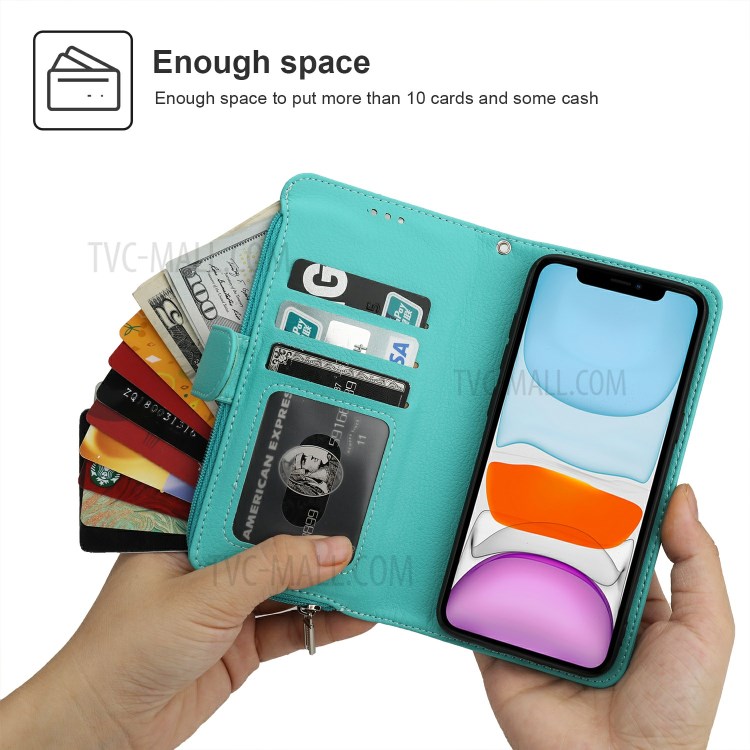 Microfiber Leather Zipper Pocket Wallet Case for Apple iPhone 11 6.1 inch - Green-2