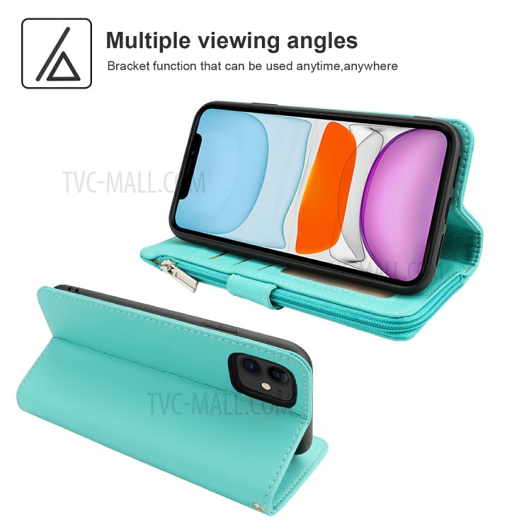 Microfiber Leather Zipper Pocket Wallet Case for Apple iPhone 11 6.1 inch - Green-3