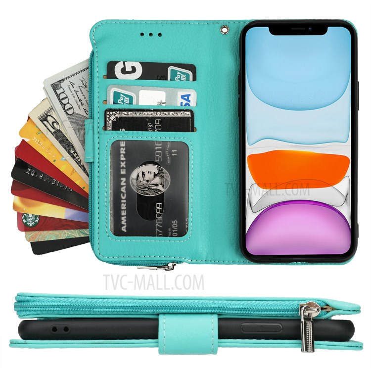 Microfiber Leather Zipper Pocket Wallet Case for Apple iPhone 11 6.1 inch - Green-6