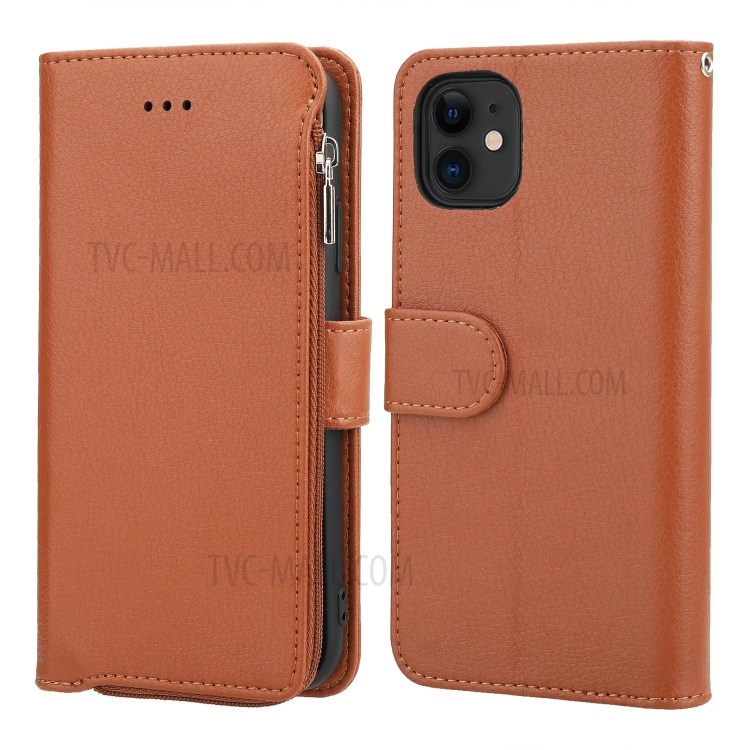 Microfiber Leather Zipper Pocket Wallet Case for Apple iPhone 11 6.1 inch - Brown-1