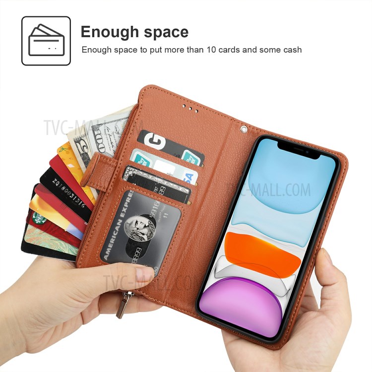 Microfiber Leather Zipper Pocket Wallet Case for Apple iPhone 11 6.1 inch - Brown-2