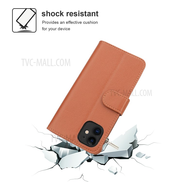 Microfiber Leather Zipper Pocket Wallet Case for Apple iPhone 11 6.1 inch - Brown-4