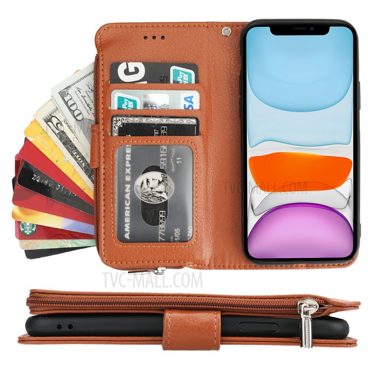 Microfiber Leather Zipper Pocket Wallet Case for Apple iPhone 11 6.1 inch - Brown-6