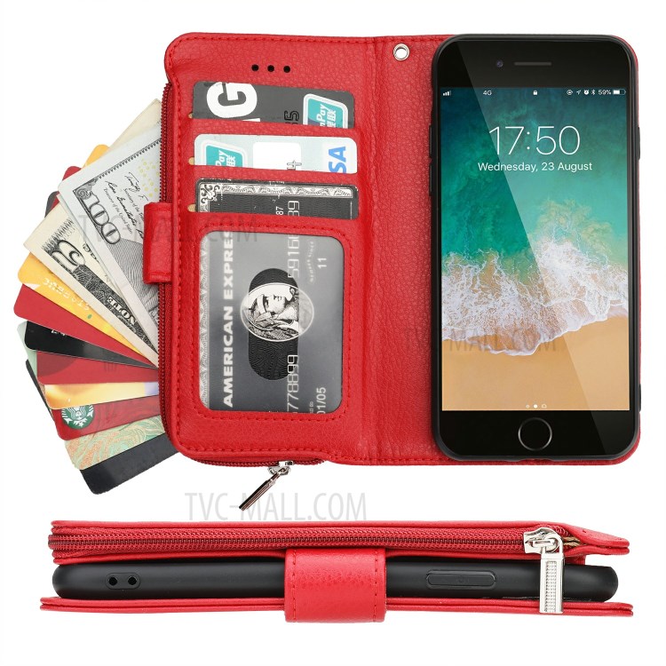 Microfiber Leather Zipper Wallet Case for Apple iPhone 7/8/SE (2nd Generation) - Red-6