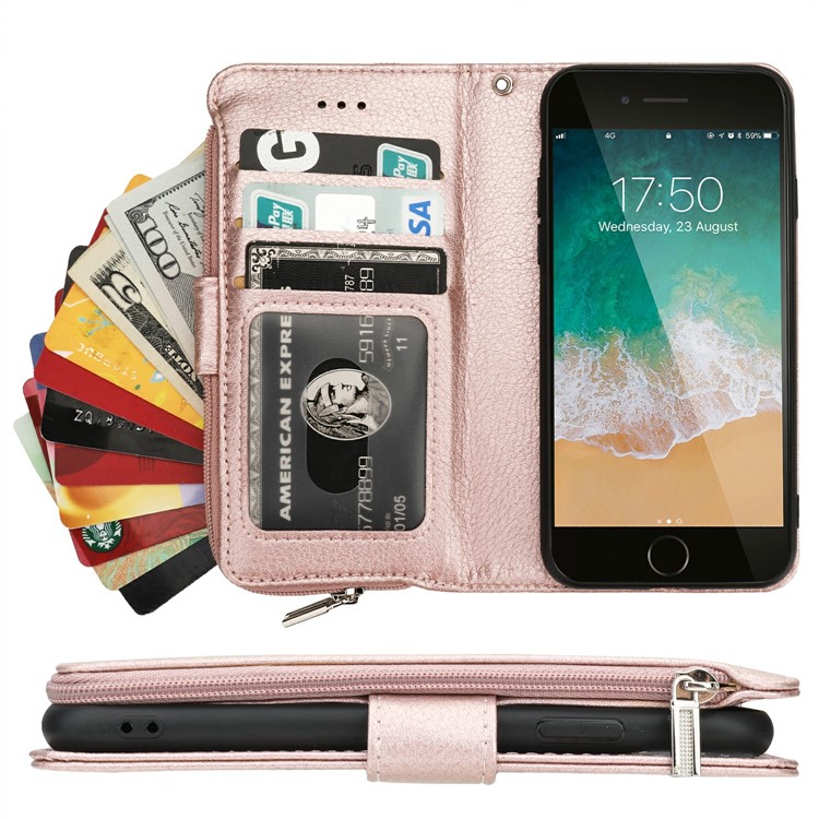 Microfiber Leather Zipper Wallet Case for Apple iPhone 7/8/SE (2nd Generation) - Rose Gold-6