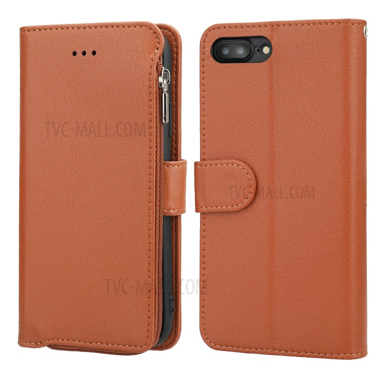 Microfiber Leather Zipper Wallet Case for Apple iPhone 7/8/SE (2nd Generation) - Brown-1