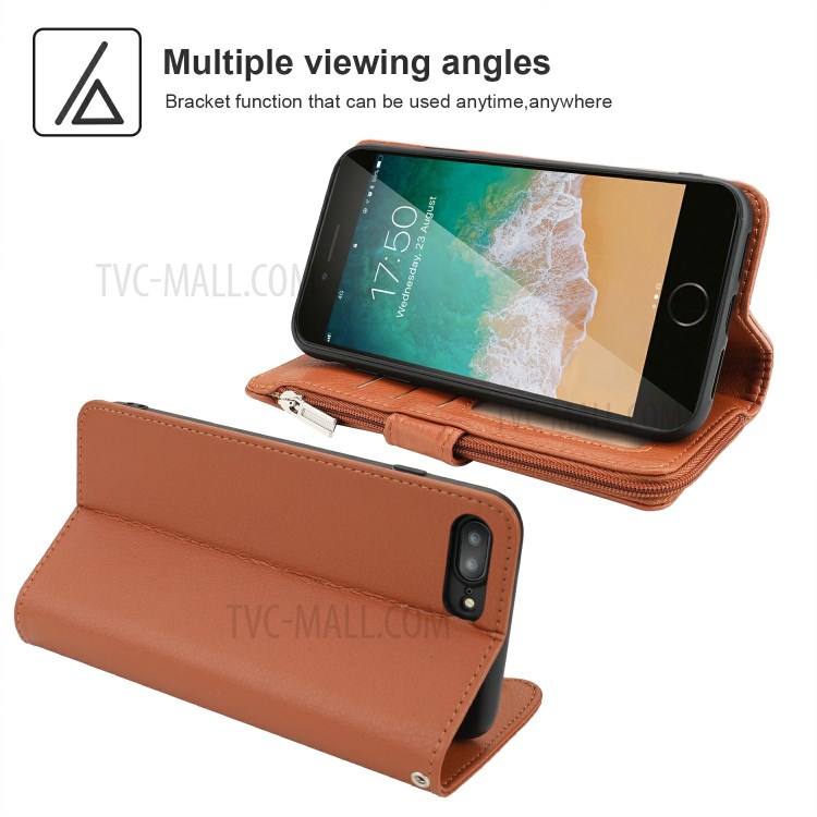 Microfiber Leather Zipper Wallet Case for Apple iPhone 7/8/SE (2nd Generation) - Brown-3