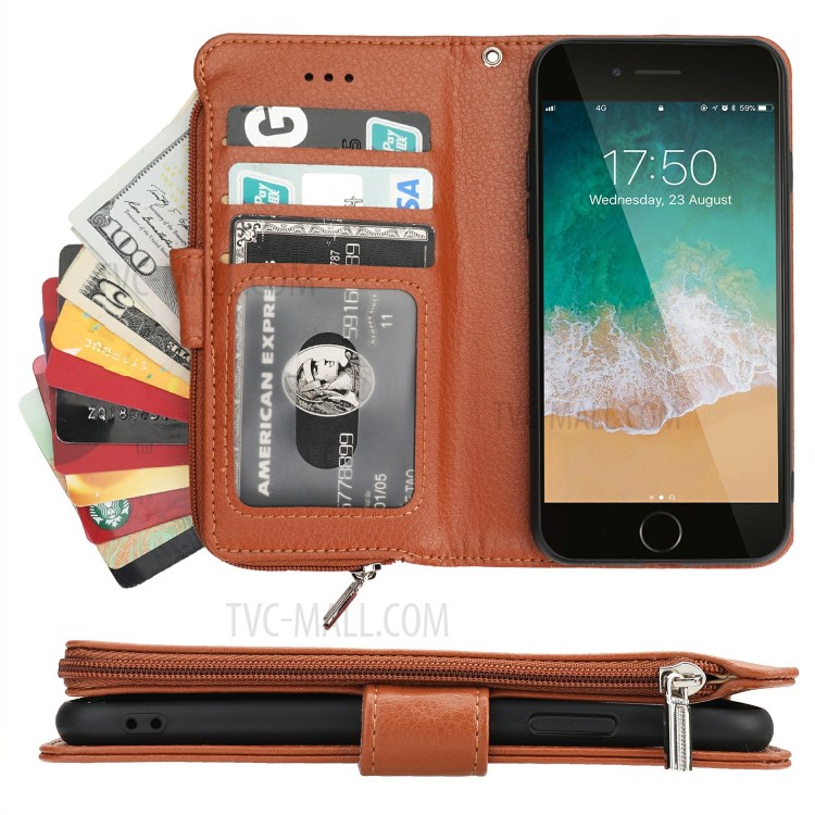 Microfiber Leather Zipper Wallet Case for Apple iPhone 7/8/SE (2nd Generation) - Brown-6