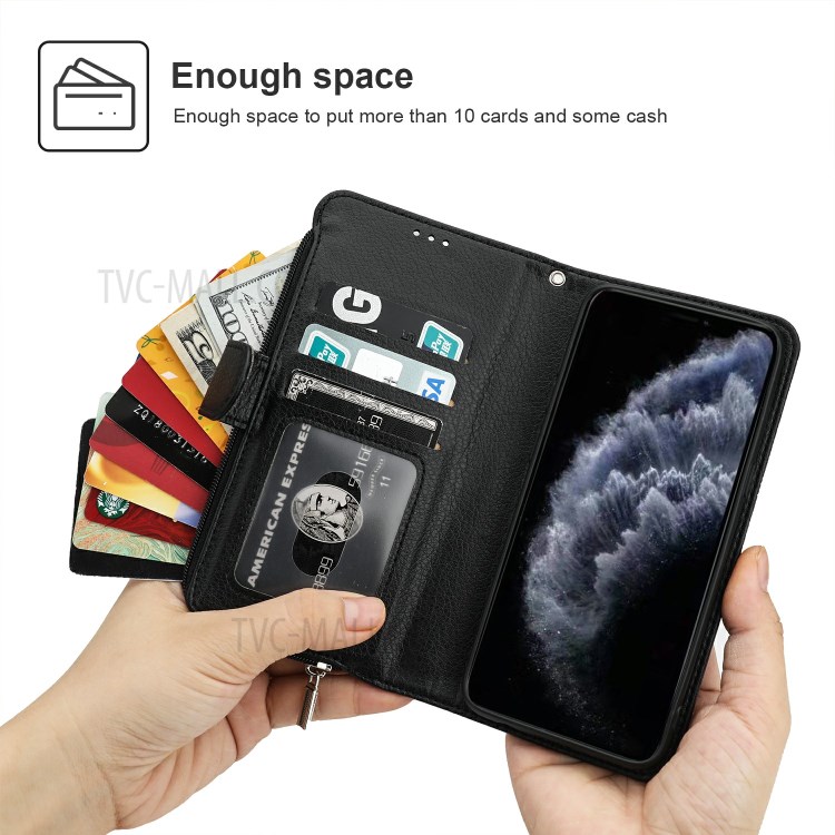 Microfiber Leather Zipper Pocket Wallet Phone Case for Apple iPhone 11 Pro 5.8 inch - Black-2