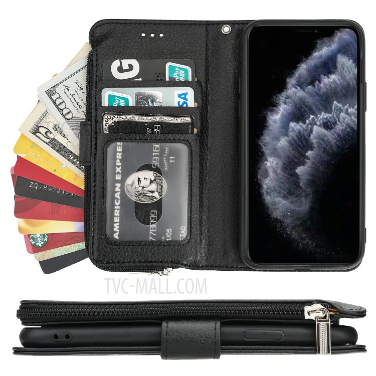 Microfiber Leather Zipper Pocket Wallet Phone Case for Apple iPhone 11 Pro 5.8 inch - Black-6