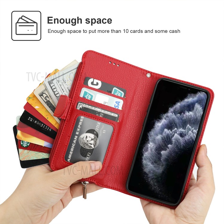 Microfiber Leather Zipper Pocket Wallet Phone Case for Apple iPhone 11 Pro 5.8 inch - Red-2