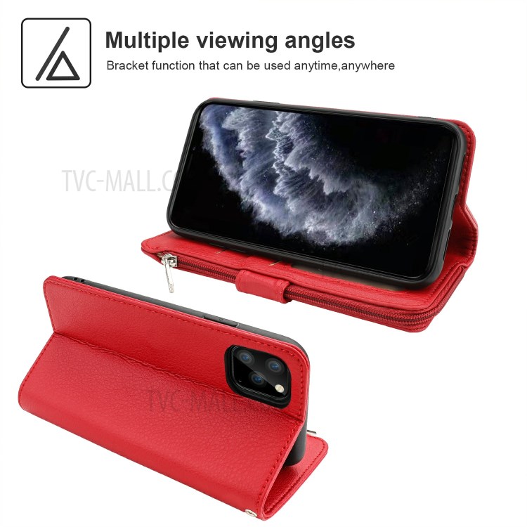 Microfiber Leather Zipper Pocket Wallet Phone Case for Apple iPhone 11 Pro 5.8 inch - Red-3