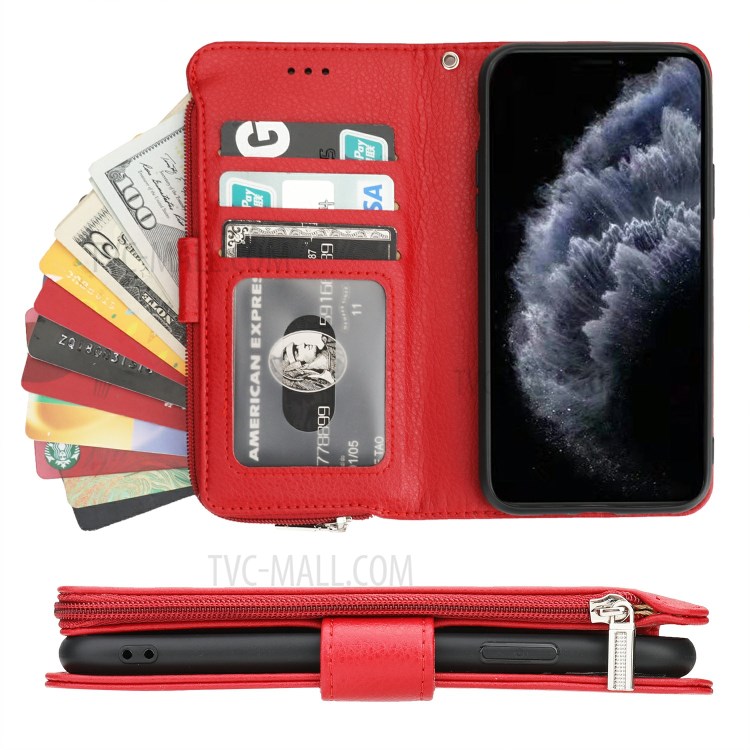 Microfiber Leather Zipper Pocket Wallet Phone Case for Apple iPhone 11 Pro 5.8 inch - Red-6