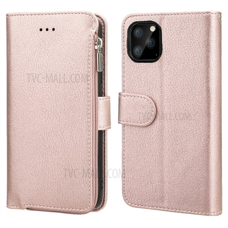 Microfiber Leather Zipper Pocket Wallet Phone Case for Apple iPhone 11 Pro 5.8 inch - Rose Gold-1