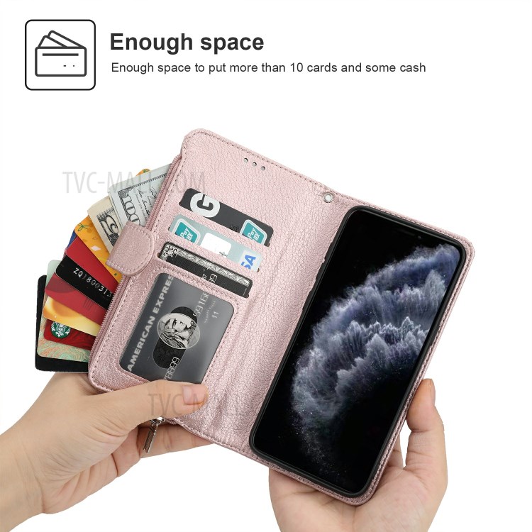 Microfiber Leather Zipper Pocket Wallet Phone Case for Apple iPhone 11 Pro 5.8 inch - Rose Gold-2