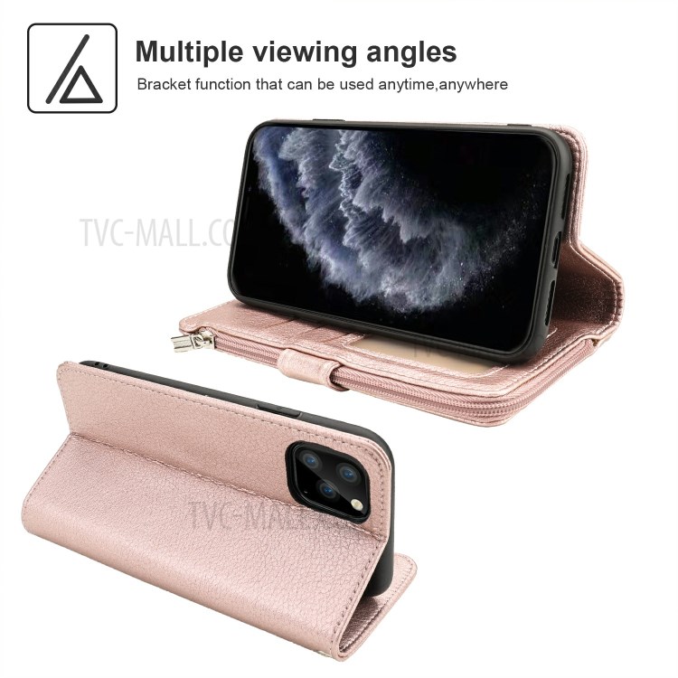 Microfiber Leather Zipper Pocket Wallet Phone Case for Apple iPhone 11 Pro 5.8 inch - Rose Gold-3
