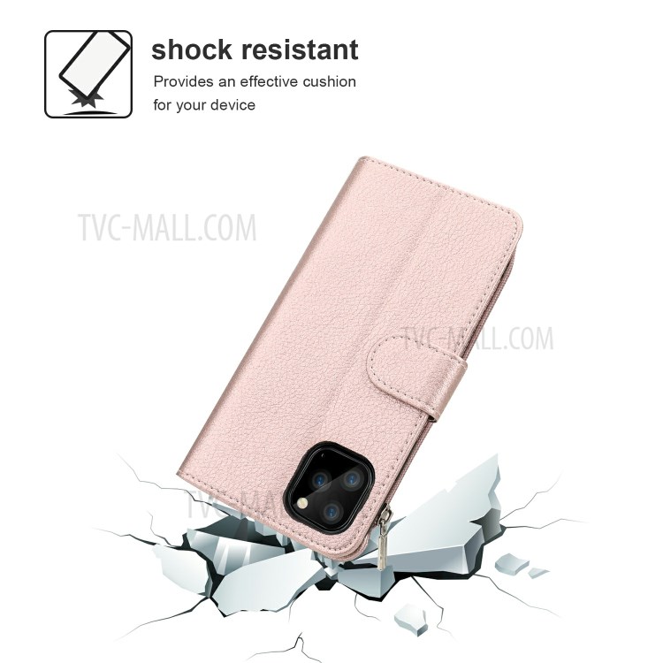 Microfiber Leather Zipper Pocket Wallet Phone Case for Apple iPhone 11 Pro 5.8 inch - Rose Gold-4