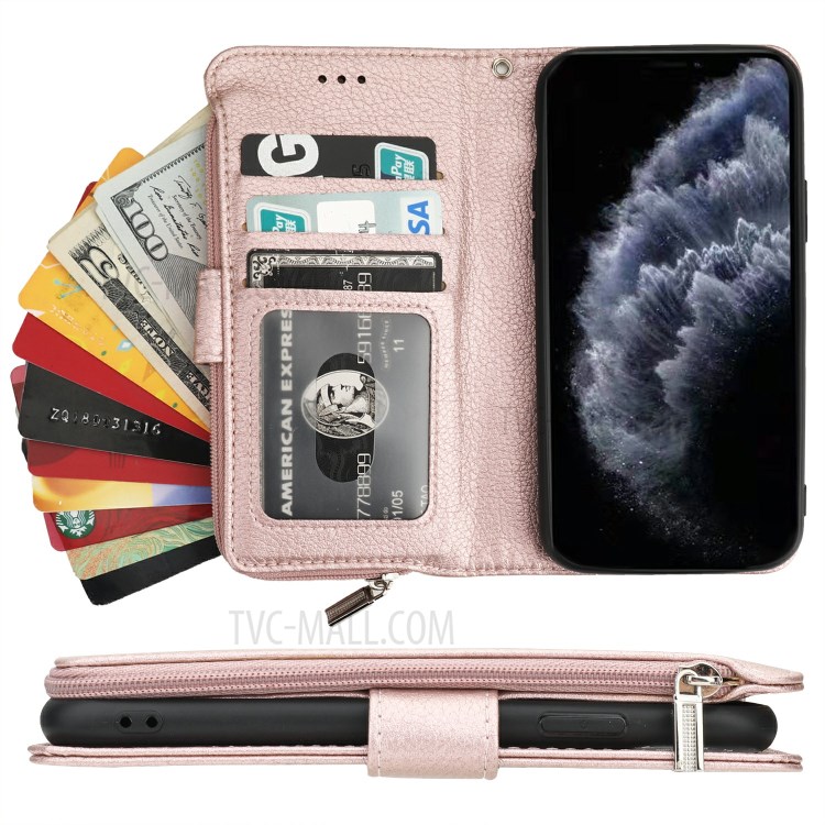 Microfiber Leather Zipper Pocket Wallet Phone Case for Apple iPhone 11 Pro 5.8 inch - Rose Gold-6