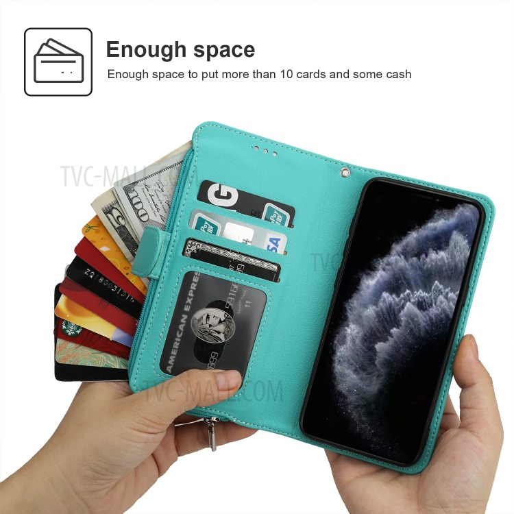 Microfiber Leather Zipper Pocket Wallet Phone Case for Apple iPhone 11 Pro 5.8 inch - Green-2