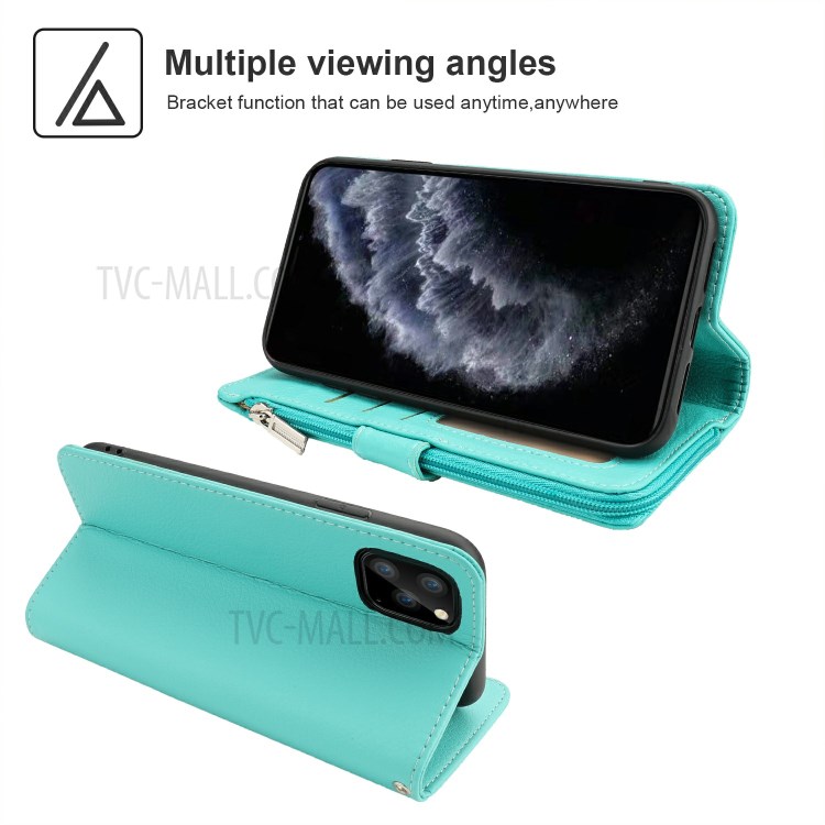 Microfiber Leather Zipper Pocket Wallet Phone Case for Apple iPhone 11 Pro 5.8 inch - Green-3