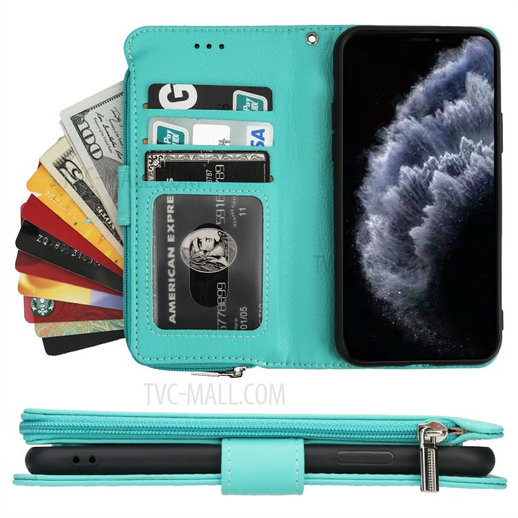 Microfiber Leather Zipper Pocket Wallet Phone Case for Apple iPhone 11 Pro 5.8 inch - Green-6
