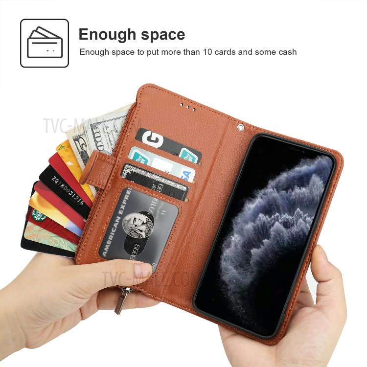 Microfiber Leather Zipper Pocket Wallet Phone Case for Apple iPhone 11 Pro 5.8 inch - Brown-2