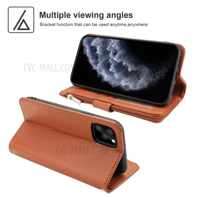 Microfiber Leather Zipper Pocket Wallet Phone Case for Apple iPhone 11 Pro 5.8 inch - Brown-3