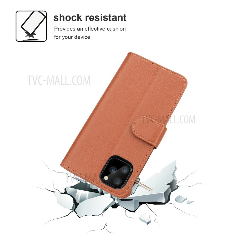 Microfiber Leather Zipper Pocket Wallet Phone Case for Apple iPhone 11 Pro 5.8 inch - Brown-4
