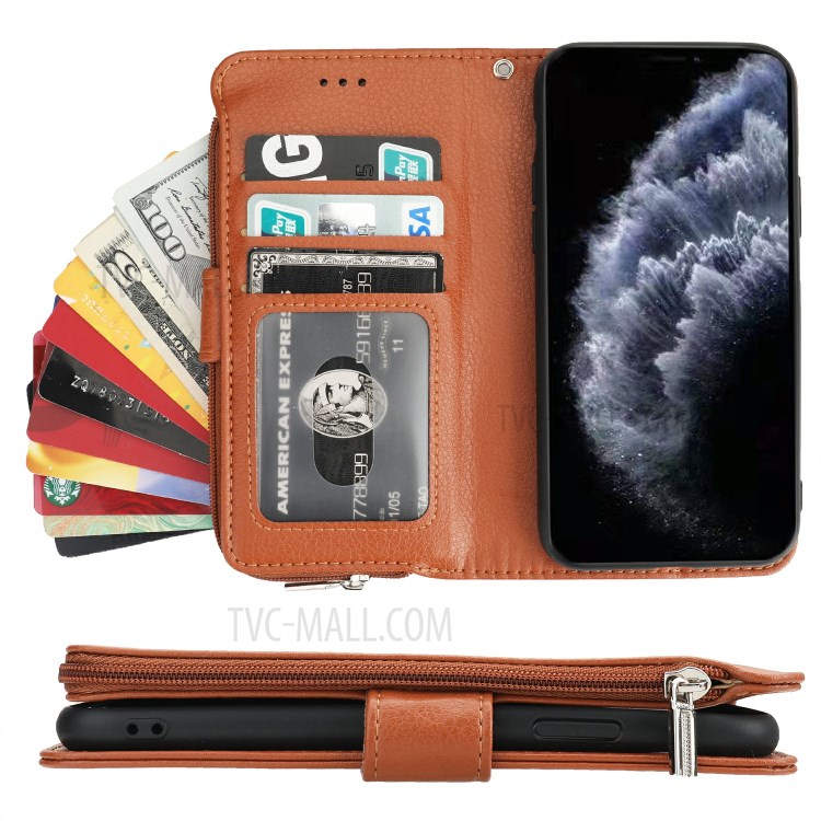 Microfiber Leather Zipper Pocket Wallet Phone Case for Apple iPhone 11 Pro 5.8 inch - Brown-6