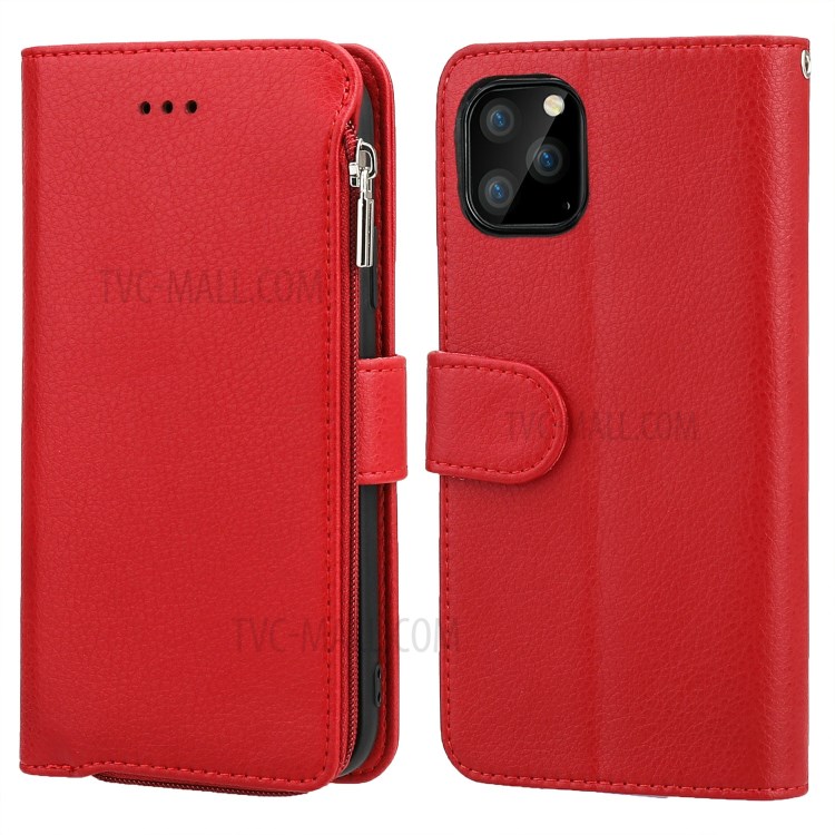 Microfiber Leather Case Zipper Pocket Wallet Cover for Apple iPhone 11 Pro Max 6.5 inch - Red-1
