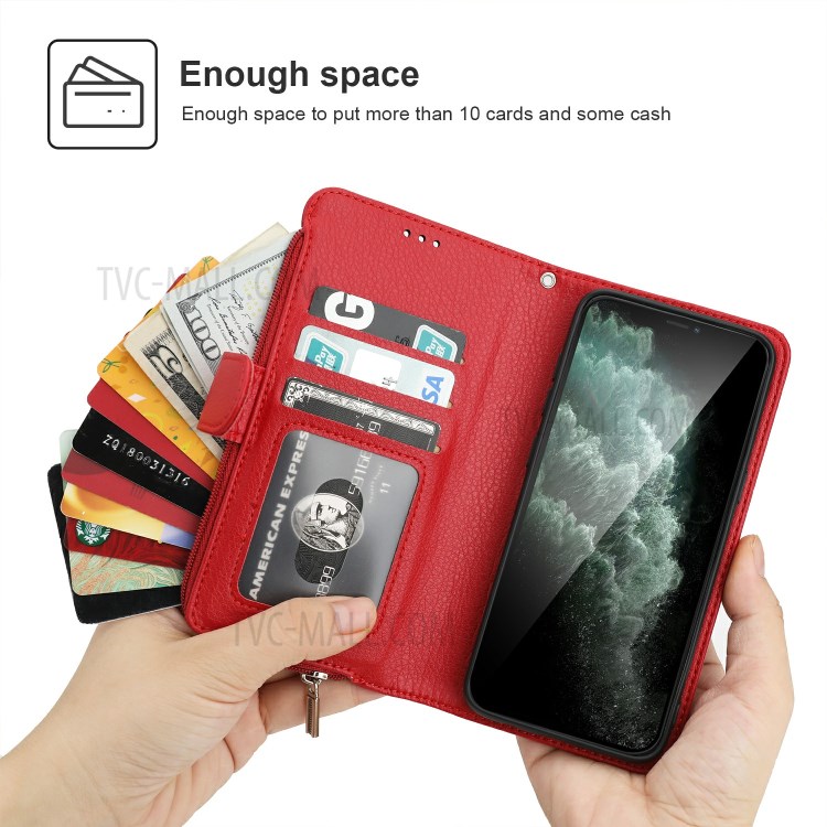 Microfiber Leather Case Zipper Pocket Wallet Cover for Apple iPhone 11 Pro Max 6.5 inch - Red-2