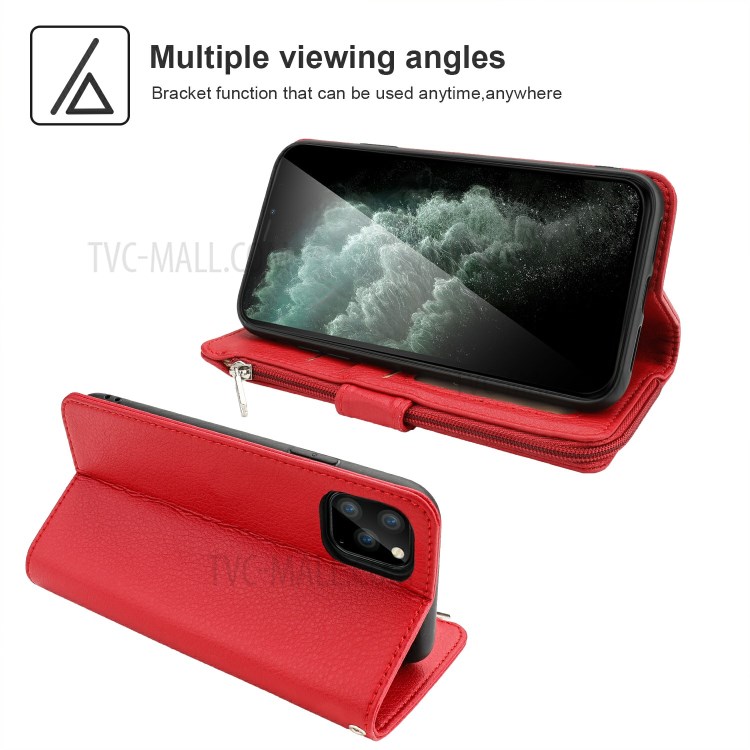 Microfiber Leather Case Zipper Pocket Wallet Cover for Apple iPhone 11 Pro Max 6.5 inch - Red-3