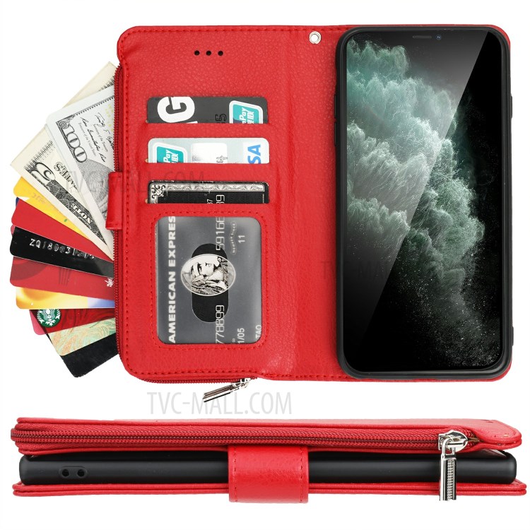 Microfiber Leather Case Zipper Pocket Wallet Cover for Apple iPhone 11 Pro Max 6.5 inch - Red-6