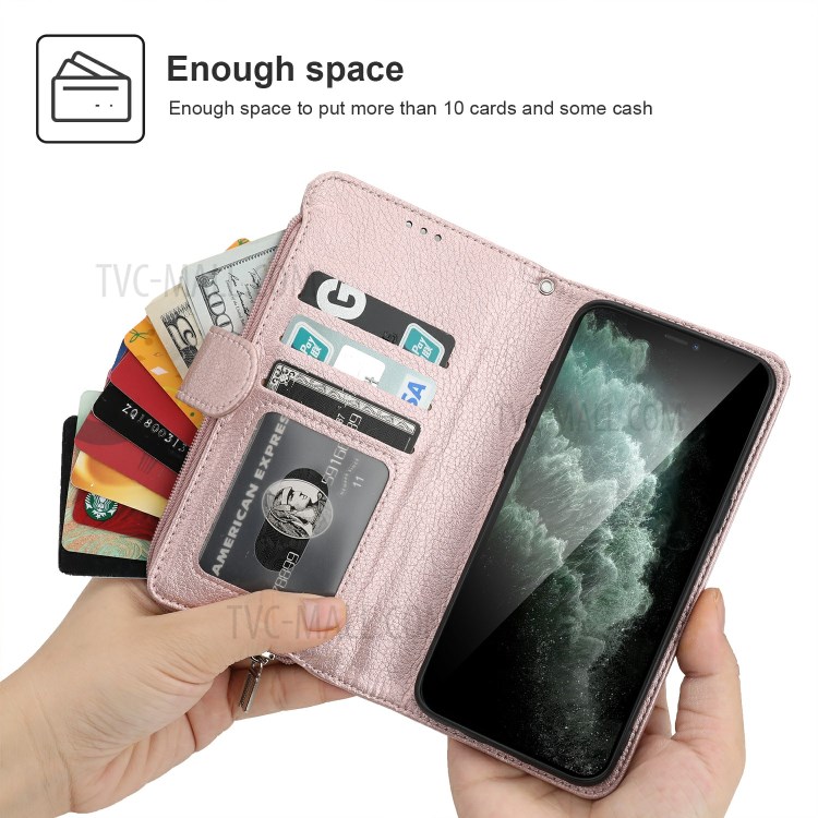 Microfiber Leather Case Zipper Pocket Wallet Cover for Apple iPhone 11 Pro Max 6.5 inch - Rose Gold-2