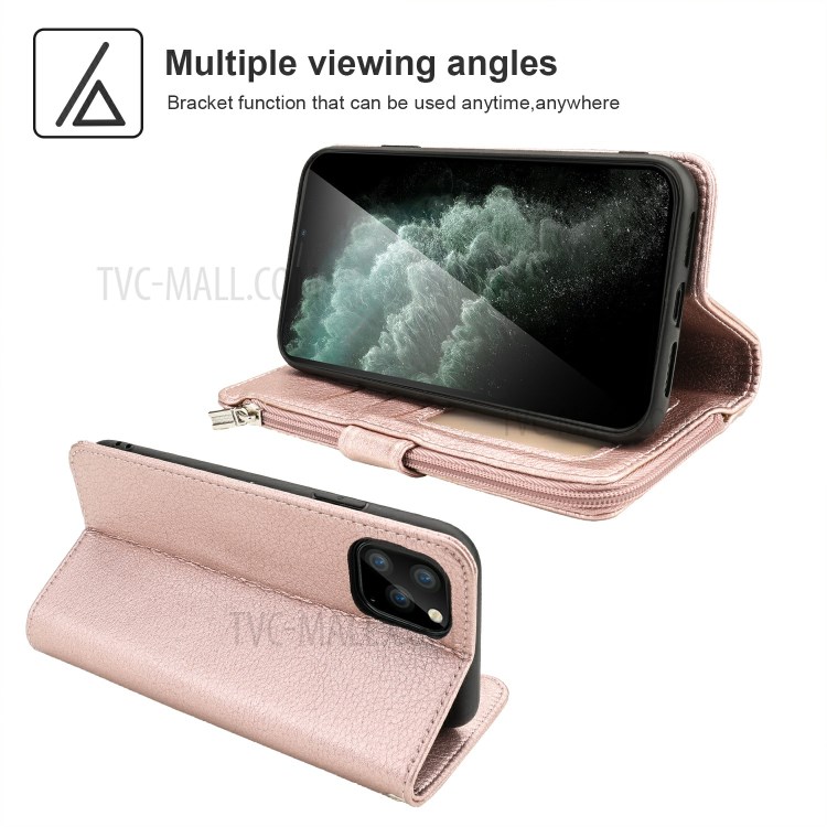 Microfiber Leather Case Zipper Pocket Wallet Cover for Apple iPhone 11 Pro Max 6.5 inch - Rose Gold-3