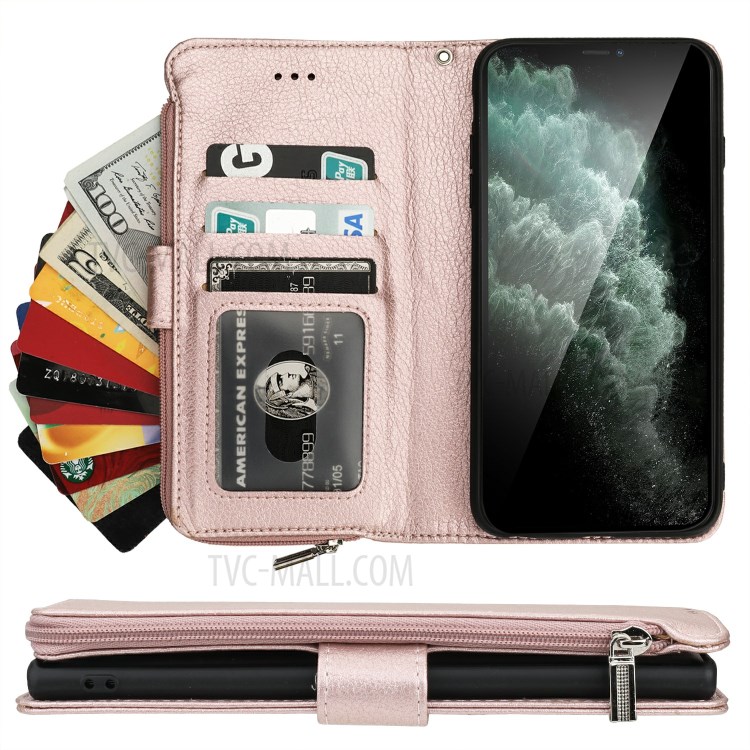 Microfiber Leather Case Zipper Pocket Wallet Cover for Apple iPhone 11 Pro Max 6.5 inch - Rose Gold-6