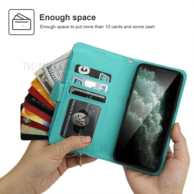Microfiber Leather Case Zipper Pocket Wallet Cover for Apple iPhone 11 Pro Max 6.5 inch - Green-2