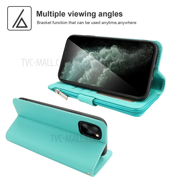 Microfiber Leather Case Zipper Pocket Wallet Cover for Apple iPhone 11 Pro Max 6.5 inch - Green-3