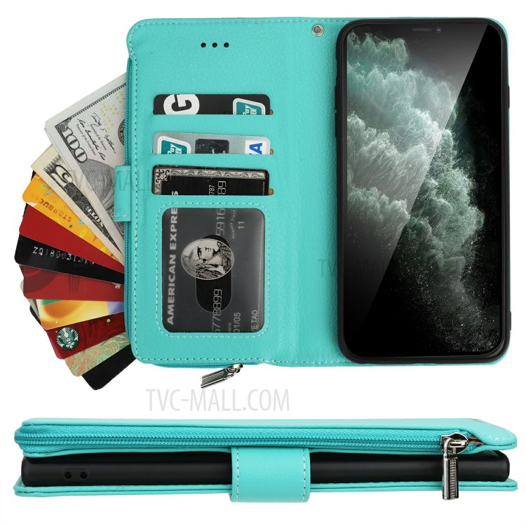 Microfiber Leather Case Zipper Pocket Wallet Cover for Apple iPhone 11 Pro Max 6.5 inch - Green-6
