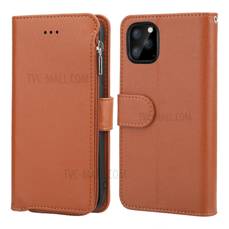 Microfiber Leather Case Zipper Pocket Wallet Cover for Apple iPhone 11 Pro Max 6.5 inch - Brown-1