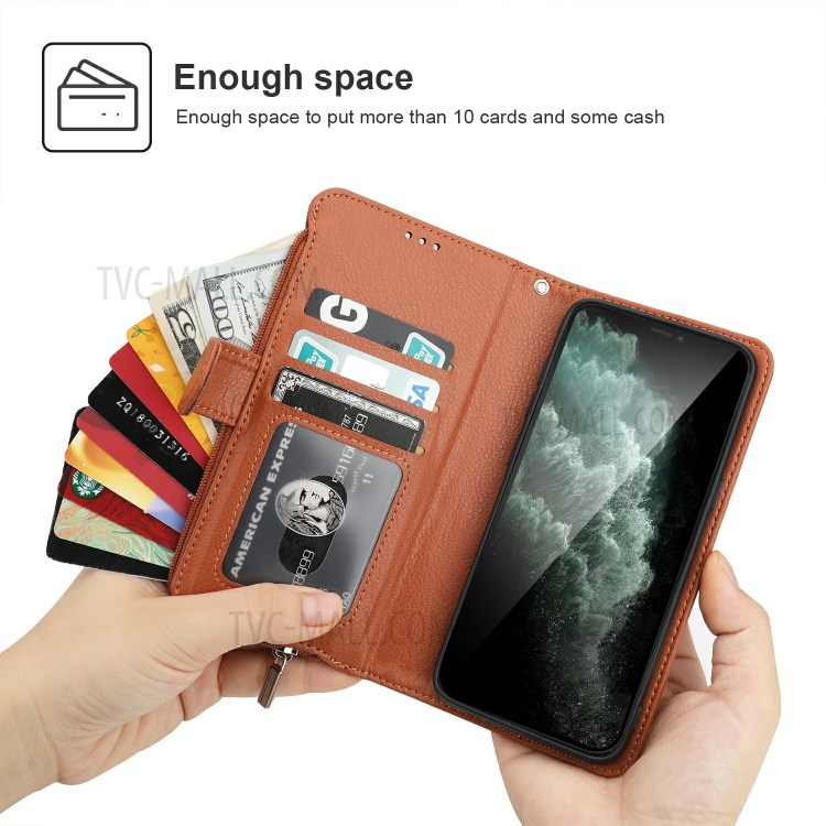 Microfiber Leather Case Zipper Pocket Wallet Cover for Apple iPhone 11 Pro Max 6.5 inch - Brown-2