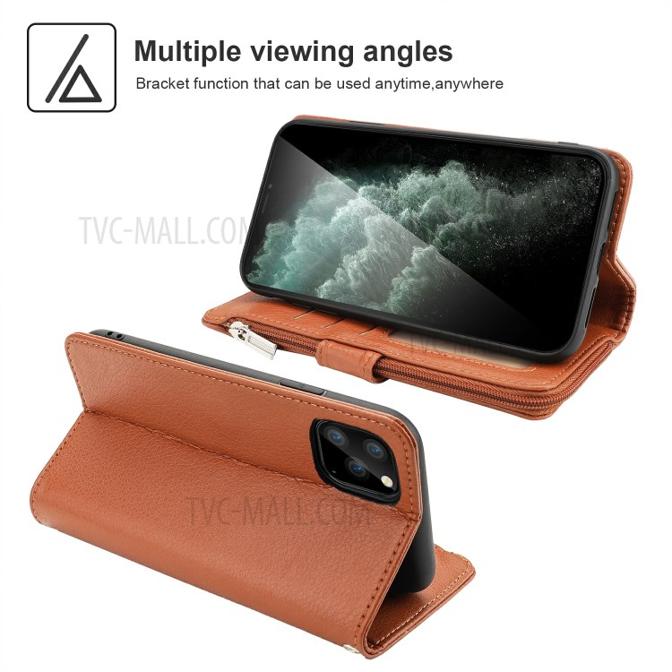 Microfiber Leather Case Zipper Pocket Wallet Cover for Apple iPhone 11 Pro Max 6.5 inch - Brown-3