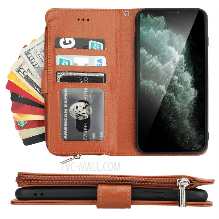 Microfiber Leather Case Zipper Pocket Wallet Cover for Apple iPhone 11 Pro Max 6.5 inch - Brown-6